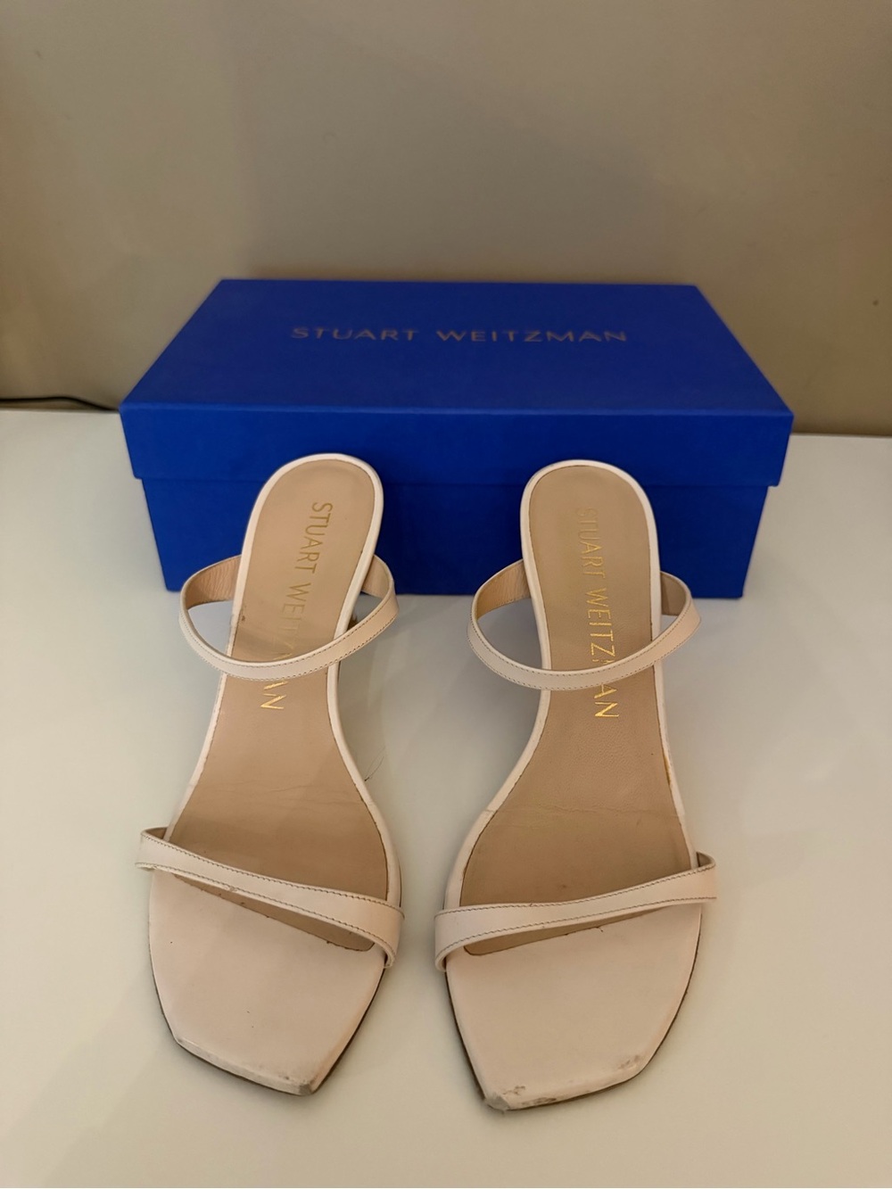 Stuart Weitzman Cream Double-Strap Slide Mules